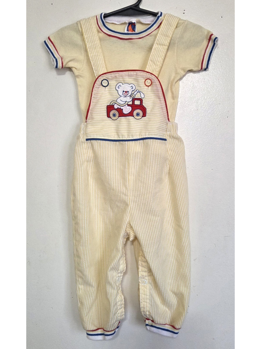 Vintage Carters Yellow Seersucker Baby Overalls Sz 18 Months Firetruck Bear 80s